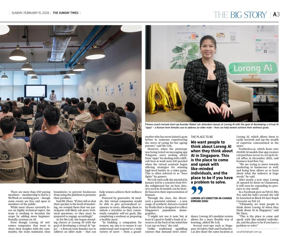 The Sunday Times newspaper clipping featuring Mabel at Lorong AI, 15 February 2026