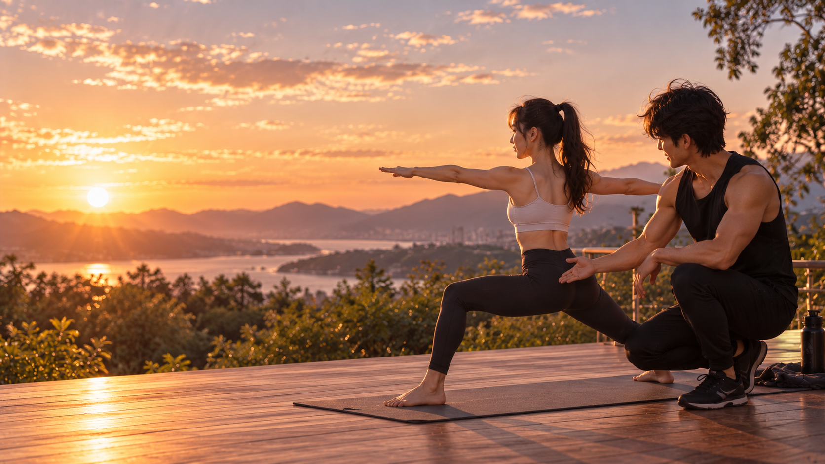 A woman practising yoga with her AI wellness companion at sunset in the mountains